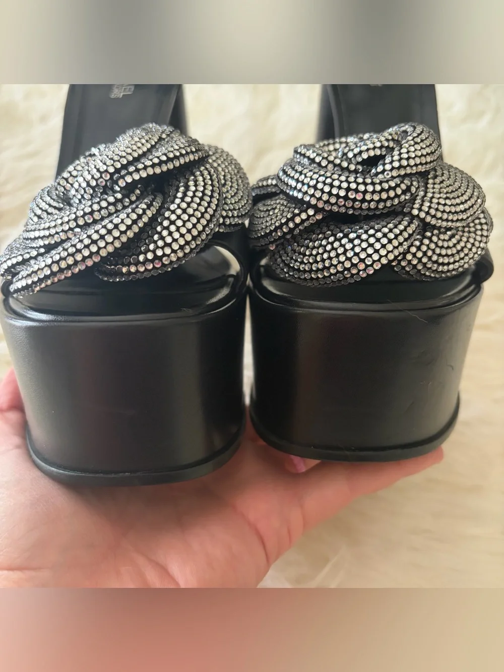 Michael Kors | Elodie Rosette Platform Sandals Heels Leather Black Silver 5.5
